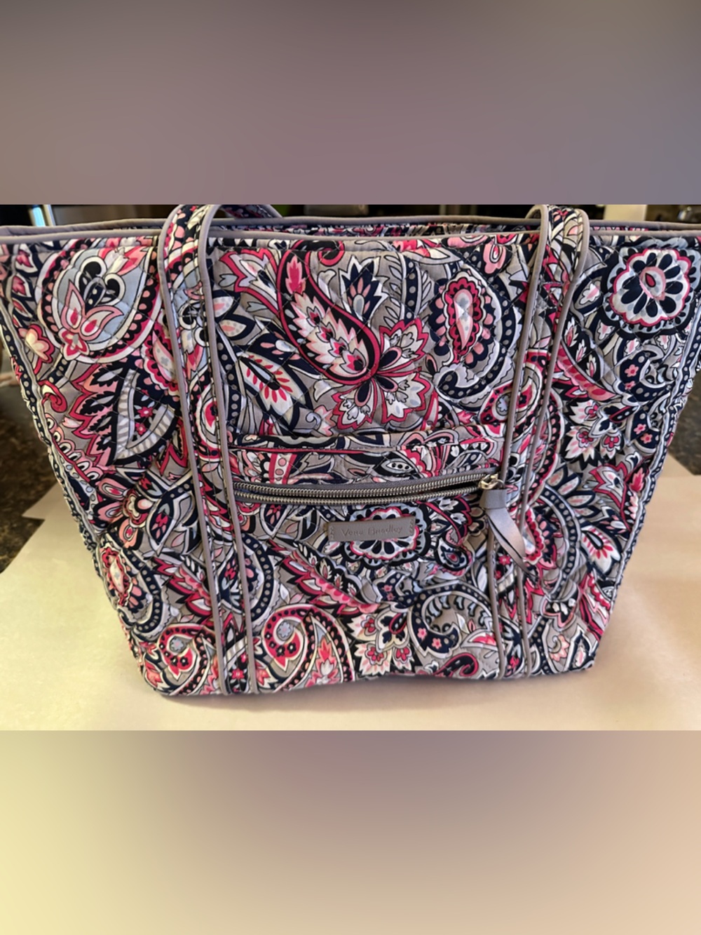 Vera Bradley Pink Paisley Quilted Tote with Black and Gray Accents